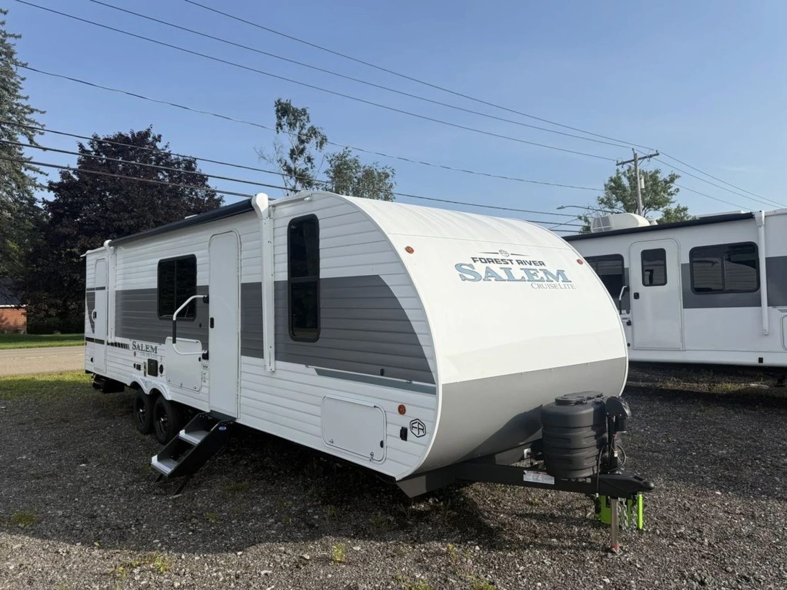 A Forest River Salem travel trailer on the Lime Lake lot