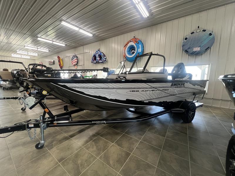 A fishing boat on the Lime Lake showroom floor