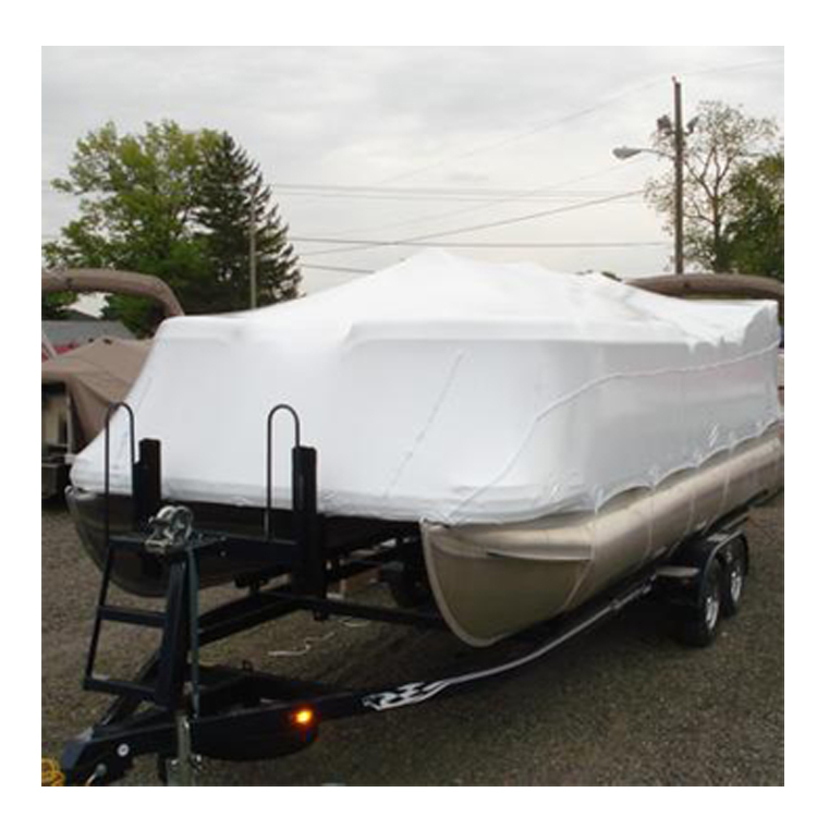 A shrink-wrapped pontoon boat on its trailer at Lime Lake Marine & RV